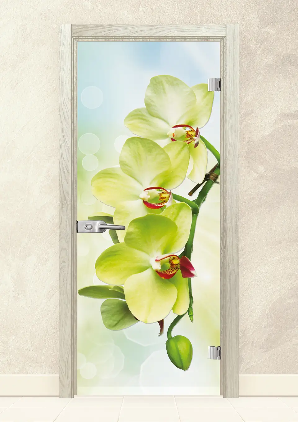 Стъклена интериорна врата Print 13-3-green Избелен Дъб